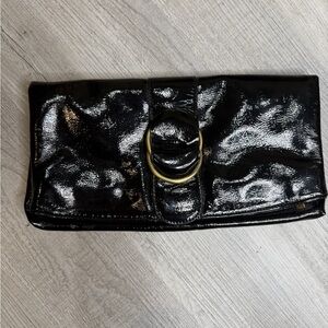 Melie Bianco Shiny Black Clutch with Gold Ring